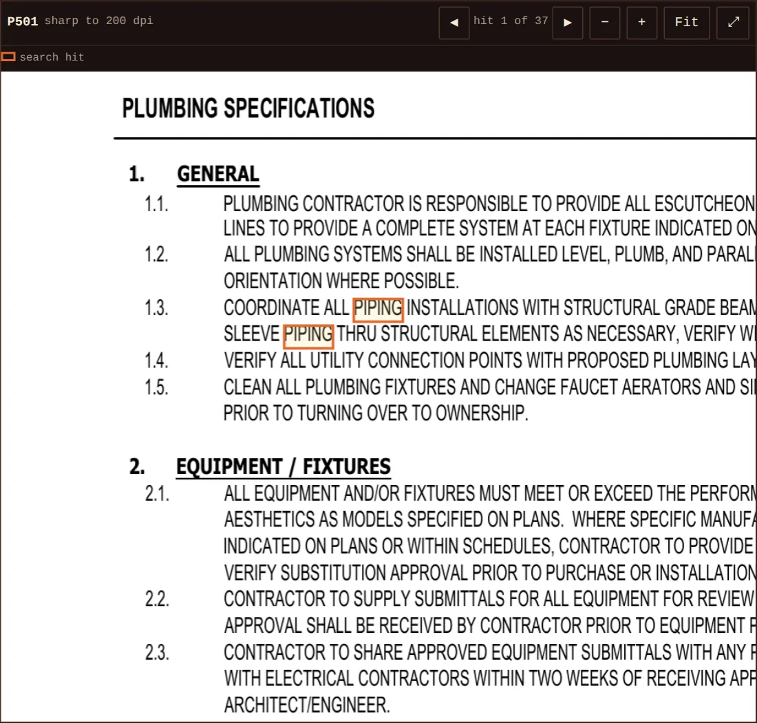 The reader showing sheet P501, Plumbing Specifications, with the word PIPING boxed in paragraph 1.3; the toolbar reads hit 1 of 37.